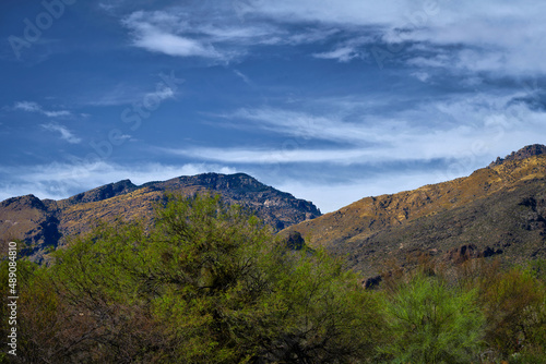 2022-02-22 THE CATALINA MOUNTAINS WITH GREN UNDERBRUSH AND A LIGHT BLUE SKY IN TUSCON ARIZONA