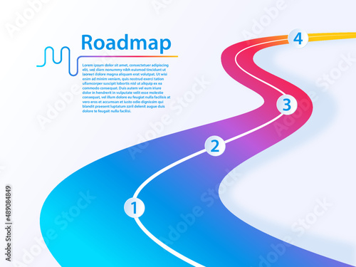 Project roadmap infographic as configurable template with illustration of colorful winding road and milestones