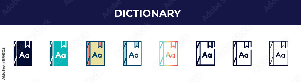 dictionary icon in 8 styles. line, filled, glyph, thin outline, colorful, stroke and gradient styles, dictionary vector sign. symbol, logo illustration. different style icons set. dictionary icon in 8 styles. line, filled, glyph, thin outline, colorful, stroke and gradient styles, dictionary vector sign. symbol, logo illustration. different style icons set.