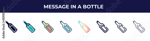 message in a bottle icon in 8 styles. line, filled, glyph, thin outline, colorful, stroke and gradient styles, message in a bottle vector sign. symbol, logo illustration. different style icons set.