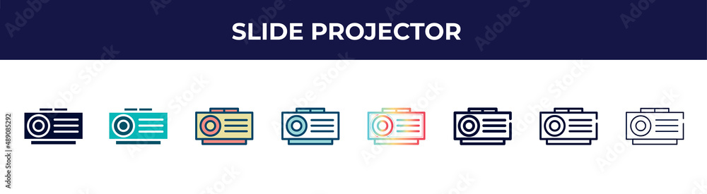 slide projector icon in 8 styles. line, filled, glyph, thin outline, colorful, stroke and gradient styles, slide projector vector sign. symbol, logo illustration. different style icons set. slide projector icon in 8 styles. line, filled, glyph, thin outline, colorful, stroke and gradient styles, slide projector vector sign. symbol, logo illustration. different style icons set.