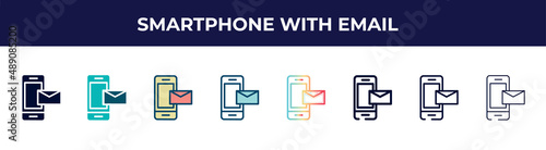 smartphone with email icon in 8 styles. line, filled, glyph, thin outline, colorful, stroke and gradient styles, smartphone with email vector sign. symbol, logo illustration. different style icons