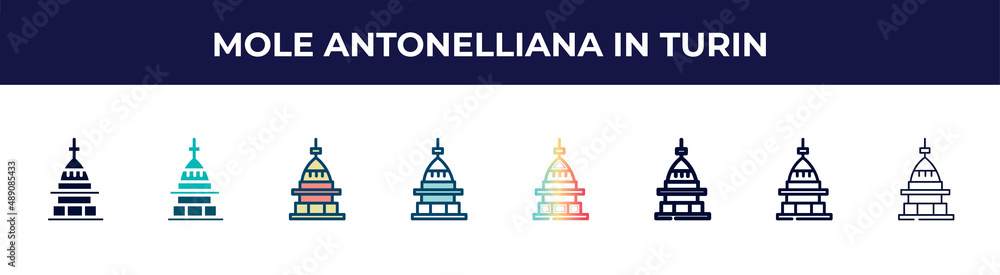 Naklejka premium mole antonelliana in turin icon in 8 styles. line, filled, glyph, thin outline, colorful, stroke and gradient styles, mole antonelliana in turin vector sign. symbol, logo illustration. different