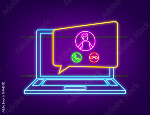 Incoming video call on laptop neon icon. Laptop with incoming call, man profile picture and accept decline buttons. Vector stock illustration.