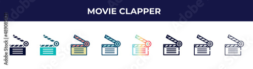movie clapper icon in 8 styles. line, filled, glyph, thin outline, colorful, stroke and gradient styles, movie clapper vector sign. symbol, logo illustration. different style icons set.