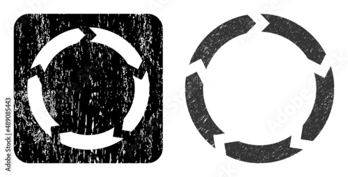 Vector circulation carved pictogram. Grunge circulation seal stamp, done from icon and rounded square. Rounded square stamp seal include circulation subtracted shape inside.