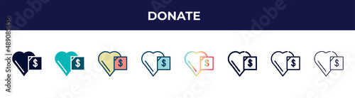 donate icon in 8 styles. line, filled, glyph, thin outline, colorful, stroke and gradient styles, donate vector sign. symbol, logo illustration. different style icons set.