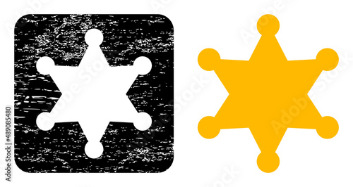 Vector sheriff star stencil icon. Grunge sheriff star seal stamp, done with icon and rounded square. Rounded square stamp seal have sheriff star carving inside. Vector sheriff star grunge images.
