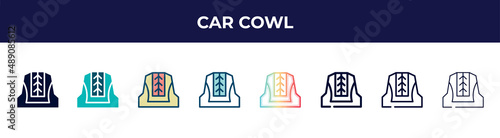 car cowl icon in 8 styles. line, filled, glyph, thin outline, colorful, stroke and gradient styles, car cowl vector sign. symbol, logo illustration. different style icons set.
