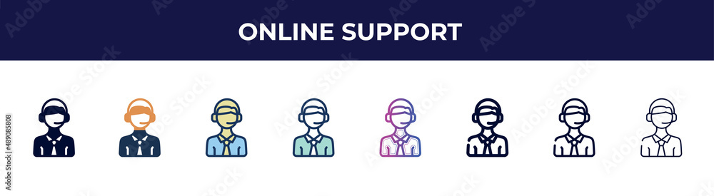online support icon in 8 styles. line, filled, glyph, thin outline, colorful, stroke and gradient styles, online support vector sign. symbol, logo illustration. different style icons set. online support icon in 8 styles. line, filled, glyph, thin outline, colorful, stroke and gradient styles, online support vector sign. symbol, logo illustration. different style icons set.
