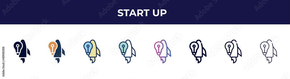 start up icon in 8 styles. line, filled, glyph, thin outline, colorful, stroke and gradient styles, start up vector sign. symbol, logo illustration. different style icons set. start up icon in 8 styles. line, filled, glyph, thin outline, colorful, stroke and gradient styles, start up vector sign. symbol, logo illustration. different style icons set.
