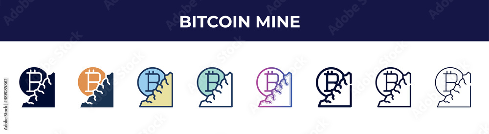 bitcoin mine icon in 8 styles. line, filled, glyph, thin outline, colorful, stroke and gradient styles, bitcoin mine vector sign. symbol, logo illustration. different style icons set.