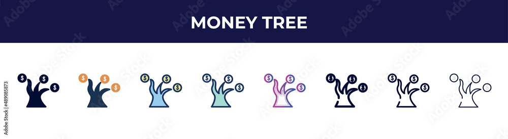 money tree icon in 8 styles. line, filled, glyph, thin outline, colorful, stroke and gradient styles, money tree vector sign. symbol, logo illustration. different style icons set. money tree icon in 8 styles. line, filled, glyph, thin outline, colorful, stroke and gradient styles, money tree vector sign. symbol, logo illustration. different style icons set.
