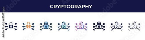 cryptography icon in 8 styles. line, filled, glyph, thin outline, colorful, stroke and gradient styles, cryptography vector sign. symbol, logo illustration. different style icons set.