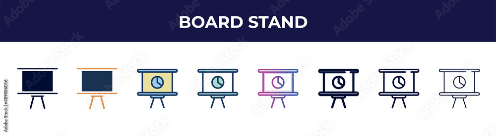board stand icon in 8 styles. line, filled, glyph, thin outline, colorful, stroke and gradient styles, board stand vector sign. symbol, logo illustration. different style icons set. board stand icon in 8 styles. line, filled, glyph, thin outline, colorful, stroke and gradient styles, board stand vector sign. symbol, logo illustration. different style icons set.