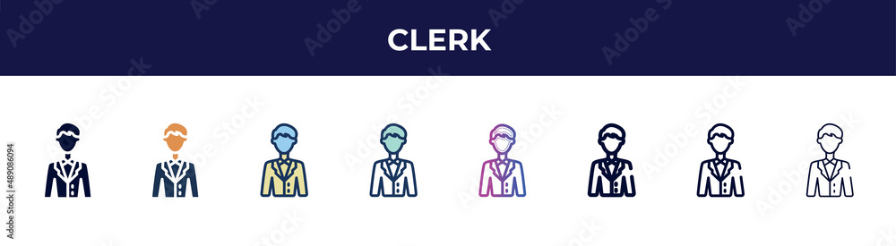 clerk icon in 8 styles. line, filled, glyph, thin outline, colorful, stroke and gradient styles, clerk vector sign. symbol, logo illustration. different style icons set. clerk icon in 8 styles. line, filled, glyph, thin outline, colorful, stroke and gradient styles, clerk vector sign. symbol, logo illustration. different style icons set.