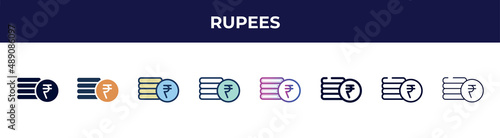 rupees icon in 8 styles. line, filled, glyph, thin outline, colorful, stroke and gradient styles, rupees vector sign. symbol, logo illustration. different style icons set. photo