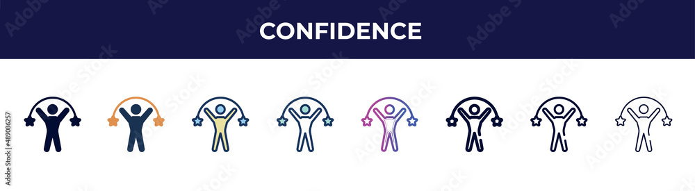 confidence icon in 8 styles. line, filled, glyph, thin outline, colorful, stroke and gradient styles, confidence vector sign. symbol, logo illustration. different style icons set. confidence icon in 8 styles. line, filled, glyph, thin outline, colorful, stroke and gradient styles, confidence vector sign. symbol, logo illustration. different style icons set.