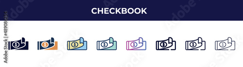 checkbook icon in 8 styles. line, filled, glyph, thin outline, colorful, stroke and gradient styles, checkbook vector sign. symbol, logo illustration. different style icons set.