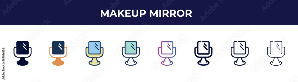 makeup mirror icon in 8 styles. line, filled, glyph, thin outline, colorful, stroke and gradient styles, makeup mirror vector sign. symbol, logo illustration. different style icons set. makeup mirror icon in 8 styles. line, filled, glyph, thin outline, colorful, stroke and gradient styles, makeup mirror vector sign. symbol, logo illustration. different style icons set.