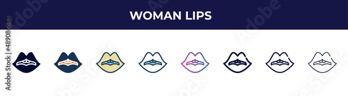woman lips icon in 8 styles. line, filled, glyph, thin outline, colorful, stroke and gradient styles, woman lips vector sign. symbol, logo illustration. different style icons set.