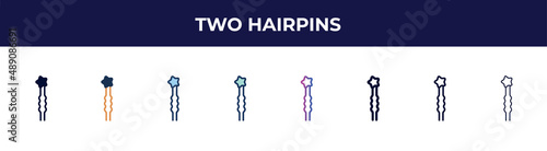 two hairpins icon in 8 styles. line, filled, glyph, thin outline, colorful, stroke and gradient styles, two hairpins vector sign. symbol, logo illustration. different style icons set.