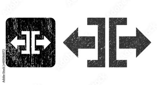 Vector divide horizontal direction subtracted icon. Grunge divide horizontal direction seal stamp, done from icon and rounded square. Rounded square stamp have divide horizontal direction hole inside.