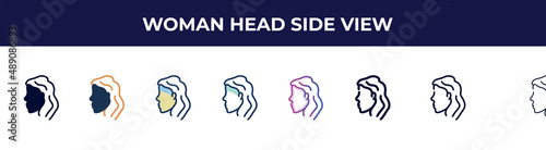 woman head side view icon in 8 styles. line, filled, glyph, thin outline, colorful, stroke and gradient styles, woman head side view vector sign. symbol, logo illustration. different style icons