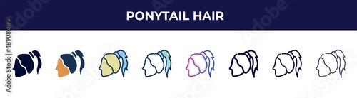 ponytail hair icon in 8 styles. line, filled, glyph, thin outline, colorful, stroke and gradient styles, ponytail hair vector sign. symbol, logo illustration. different style icons set.
