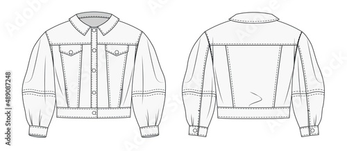 Girls Denim Jacket fashion flat sketch template. Women's Crop Jacket fashion design. Denim Jacket Outer fashion flat drawing template. Oversize Crop Jacket fashion template set.
