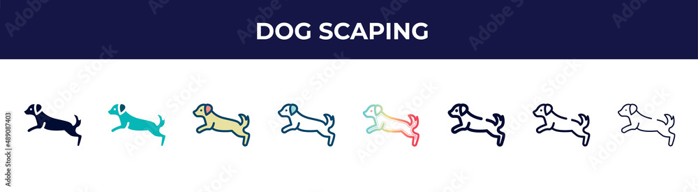 dog scaping icon in 8 styles. line, filled, glyph, thin outline, colorful, stroke and gradient styles, dog scaping vector sign. symbol, logo illustration. different style icons set. dog scaping icon in 8 styles. line, filled, glyph, thin outline, colorful, stroke and gradient styles, dog scaping vector sign. symbol, logo illustration. different style icons set.