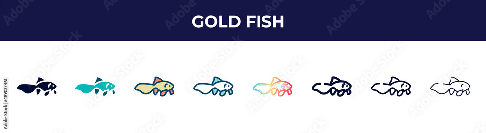 gold fish icon in 8 styles. line, filled, glyph, thin outline, colorful, stroke and gradient styles, gold fish vector sign. symbol, logo illustration. different style icons set.