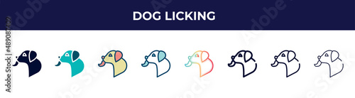 dog licking icon in 8 styles. line, filled, glyph, thin outline, colorful, stroke and gradient styles, dog licking vector sign. symbol, logo illustration. different style icons set.