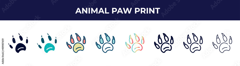 Obraz premium animal paw print icon in 8 styles. line, filled, glyph, thin outline, colorful, stroke and gradient styles, animal paw print vector sign. symbol, logo illustration. different style icons set.