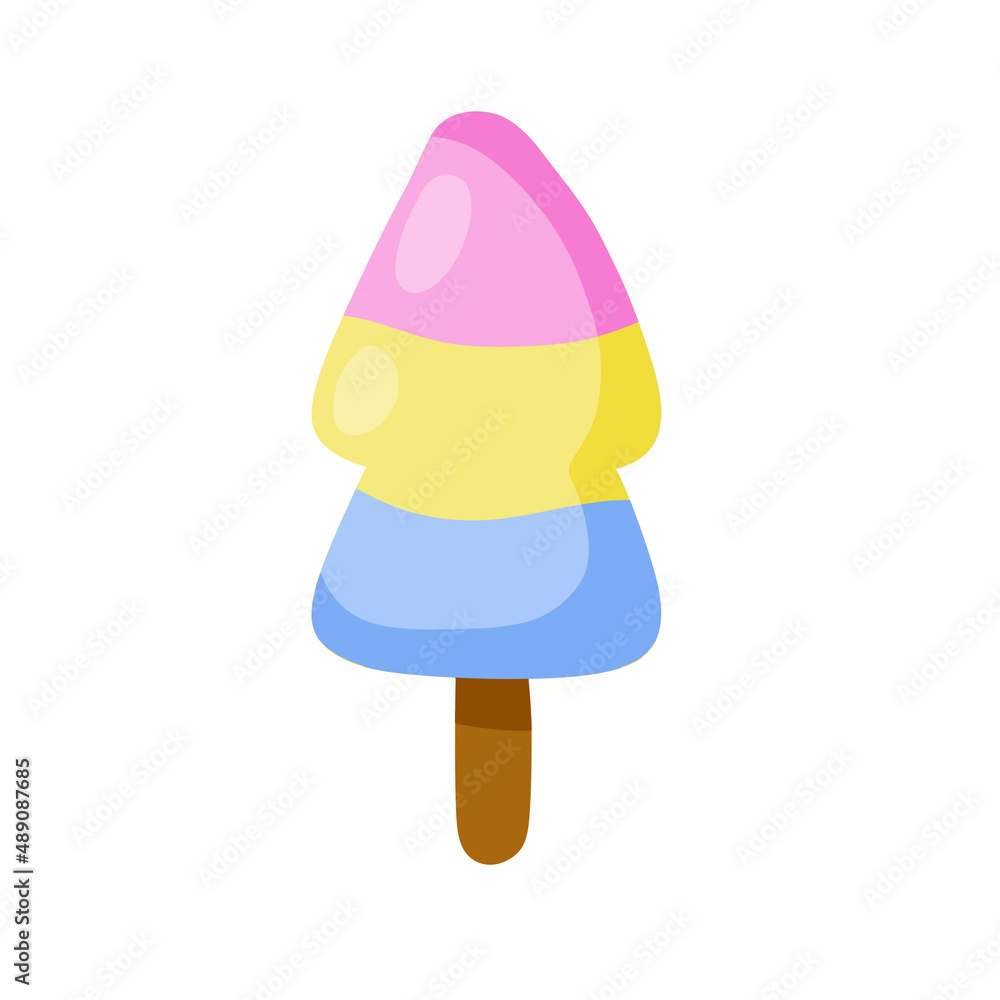 Ice cream on stick. Summer dessert. Multi-colored delicacy. Blue, yellow and pink glaze. Flat cartoon illustration Ice cream on stick. Summer dessert. Multi-colored delicacy. Blue, yellow and pink glaze. Flat cartoon illustration