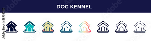 dog kennel icon in 8 styles. line, filled, glyph, thin outline, colorful, stroke and gradient styles, dog kennel vector sign. symbol, logo illustration. different style icons set.