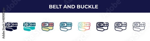 belt and buckle icon in 8 styles. line, filled, glyph, thin outline, colorful, stroke and gradient styles, belt and buckle vector sign. symbol, logo illustration. different style icons set.