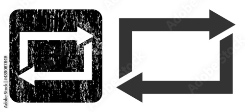Vector exchange arrows subtracted icon. Grunge exchange arrows seal stamp, done from icon and rounded square. Rounded square stamp seal have exchange arrows carving inside.