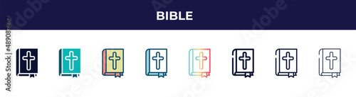 bible icon in 8 styles. line, filled, glyph, thin outline, colorful, stroke and gradient styles, bible vector sign. symbol, logo illustration. different style icons set.