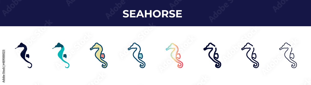 seahorse icon in 8 styles. line, filled, glyph, thin outline, colorful ...