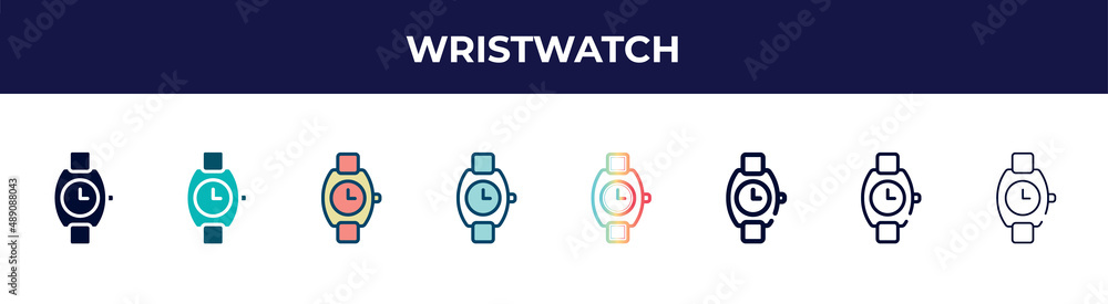 wristwatch icon in 8 styles. line, filled, glyph, thin outline, colorful, stroke and gradient styles, wristwatch vector sign. symbol, logo illustration. different style icons set. wristwatch icon in 8 styles. line, filled, glyph, thin outline, colorful, stroke and gradient styles, wristwatch vector sign. symbol, logo illustration. different style icons set.