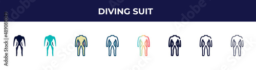diving suit icon in 8 styles. line, filled, glyph, thin outline, colorful, stroke and gradient styles, diving suit vector sign. symbol, logo illustration. different style icons set.