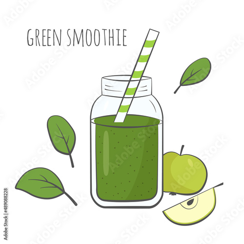 Green smoothie in jar with spinach and apple