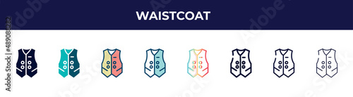 waistcoat icon in 8 styles. line, filled, glyph, thin outline, colorful, stroke and gradient styles, waistcoat vector sign. symbol, logo illustration. different style icons set.