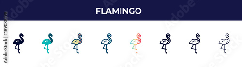 flamingo icon in 8 styles. line, filled, glyph, thin outline, colorful, stroke and gradient styles, flamingo vector sign. symbol, logo illustration. different style icons set.