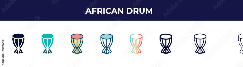 african drum icon in 8 styles. line, filled, glyph, thin outline, colorful, stroke and gradient styles, african drum vector sign. symbol, logo illustration. different style icons set. african drum icon in 8 styles. line, filled, glyph, thin outline, colorful, stroke and gradient styles, african drum vector sign. symbol, logo illustration. different style icons set.