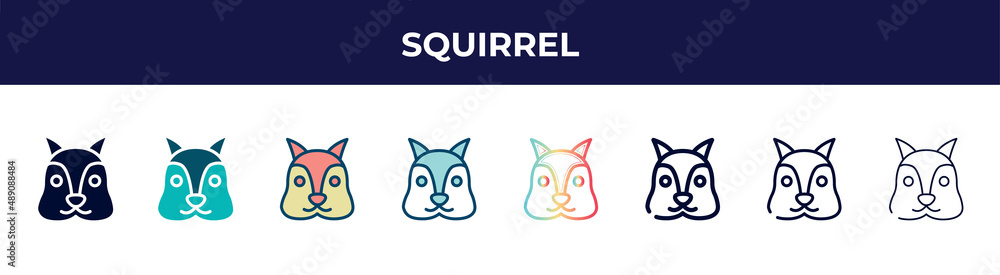 squirrel icon in 8 styles. line, filled, glyph, thin outline, colorful, stroke and gradient styles, squirrel vector sign. symbol, logo illustration. different style icons set.