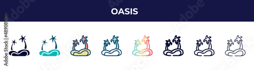 oasis icon in 8 styles. line, filled, glyph, thin outline, colorful, stroke and gradient styles, oasis vector sign. symbol, logo illustration. different style icons set.