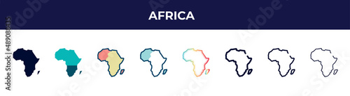 africa icon in 8 styles. line, filled, glyph, thin outline, colorful, stroke and gradient styles, africa vector sign. symbol, logo illustration. different style icons set.
