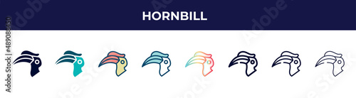 hornbill icon in 8 styles. line, filled, glyph, thin outline, colorful, stroke and gradient styles, hornbill vector sign. symbol, logo illustration. different style icons set.